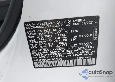 2021 Volkswagen Atlas 2.0T S z USA, uszkodzony, nr VIN 1V2AP2CA8MC560576